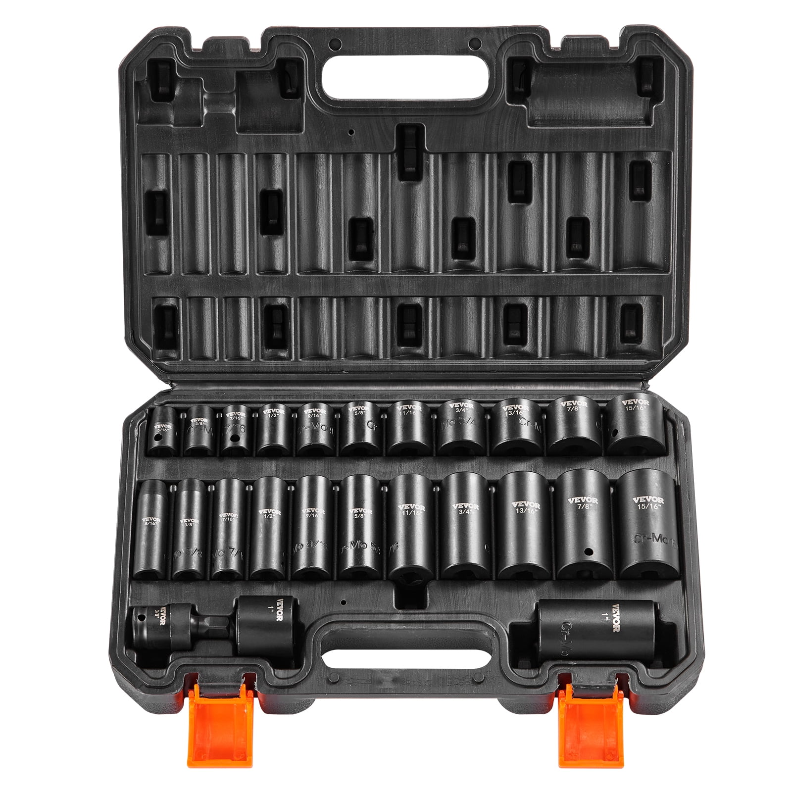 VEVOR 3/8" Drive Impact Socket Set, 25 Piece Deep & Shallow Socket Set SAE 5/16" - 1", 6 Point Cr-Mo Alloy Steel for Auto Repair,Easy-to-Read Size Markings,Rugged Construction,Includes Storage Case