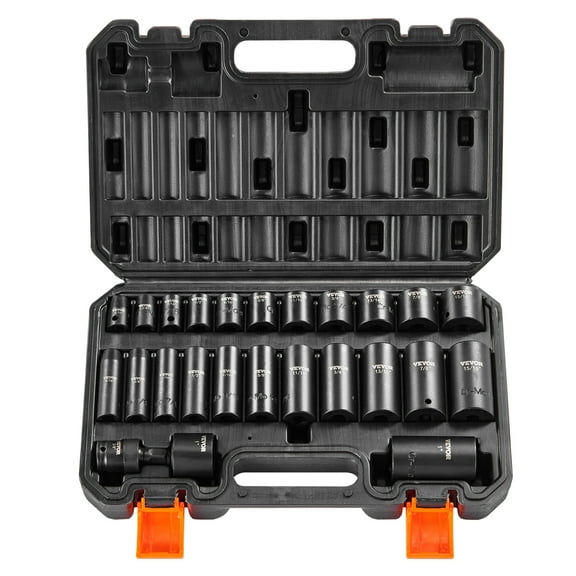 VEVOR 3/8" Drive Impact Socket Set, 25 Piece Deep & Shallow Socket Set SAE 5/16" - 1", 6 Point Cr-Mo Alloy Steel for Auto Repair,Easy-to-Read Size Markings,Rugged Construction,Includes Storage Case