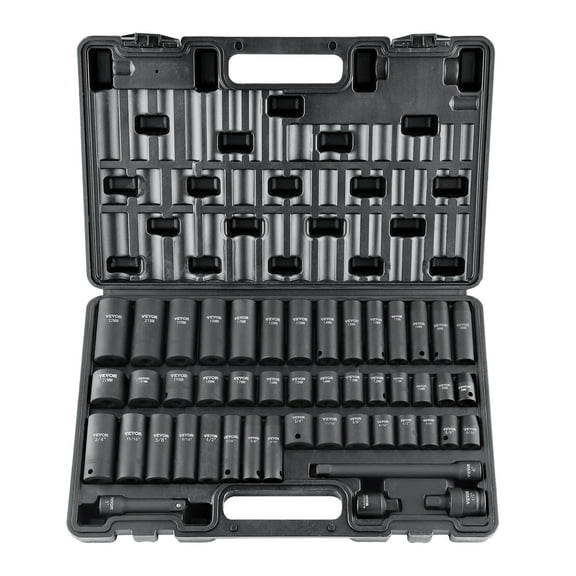 VEVOR 3/8" Drive Impact Socket Set, 48 Piece Socket Set SAE （5/16" -3/4"） & Metric （8-22mm）6 Point Cr-V Drive Extension Bar Universal Joint & Power Drill Adapter Includes Storage Case