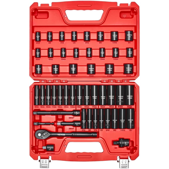 VEVOR 3/8 in Drive Impact Socket Set, 50 Piece, Cr-V 6 Point Deep & Shallow Impact Sockets, SAE (5/16 in to 3/4 in) and Metric (8 to 22 mm) Sizes with 3 in & 6 in Extension Bars