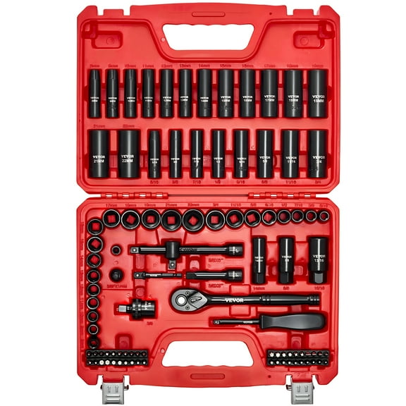 VEVOR 3/8 in Drive Impact Socket Set, 96 Piece, 6 Point Deep & Shallow Impact Sockets, SAE (5/16 in to 3/4 in) and Metric (8 to 22 mm) Sizes with 3 in & 6 in Extension Bars, Cr-V Steel, Carrying Case