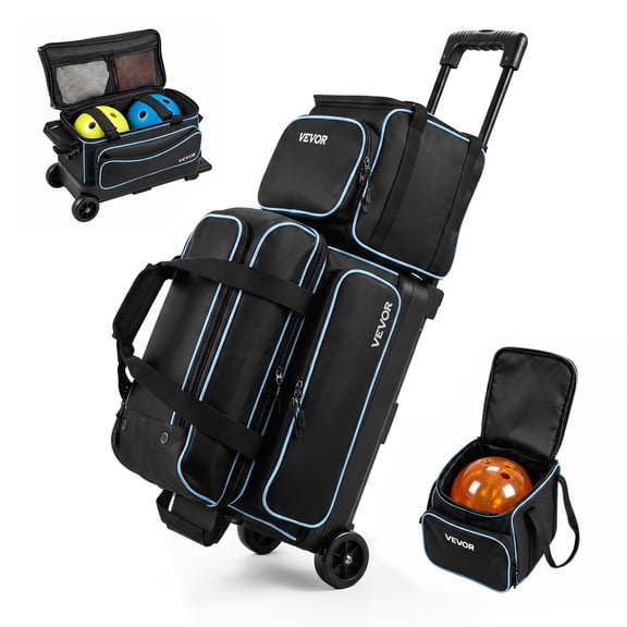 VEVOR 3 Ball Bowling Bag Double Roller Bag with Separate Shoe Compartment, for Bowling Shoes (Up To US Men Size 16), Rolling Ball Bag w/ Wheel, Accessory Pocket, Retractable Handle Extends to 40 in