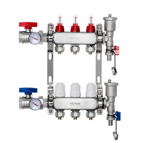 VEVOR 3-Branch Radiant Heat Manifold, 1/2" PEX Tubing Manifold, Stainless Steel PEX Manifold for Hydronic Radiant Floor Heating, Radiant Heat PEX Manifold Kit with 1/2" Adapters Included