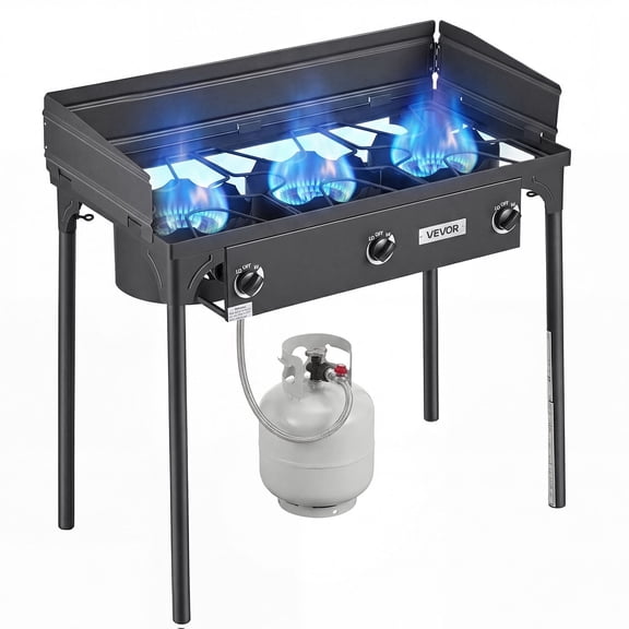 VEVOR 3 Burner Outdoor Propane Gas Stove, 225,000 BTU Propane LPG Gas Camping Stove, Heavy-duty Carbon Steel Outdoor Cooker, with Shield & Tall Stand & Regulator, for BBQ Camp Home Patio Backyard