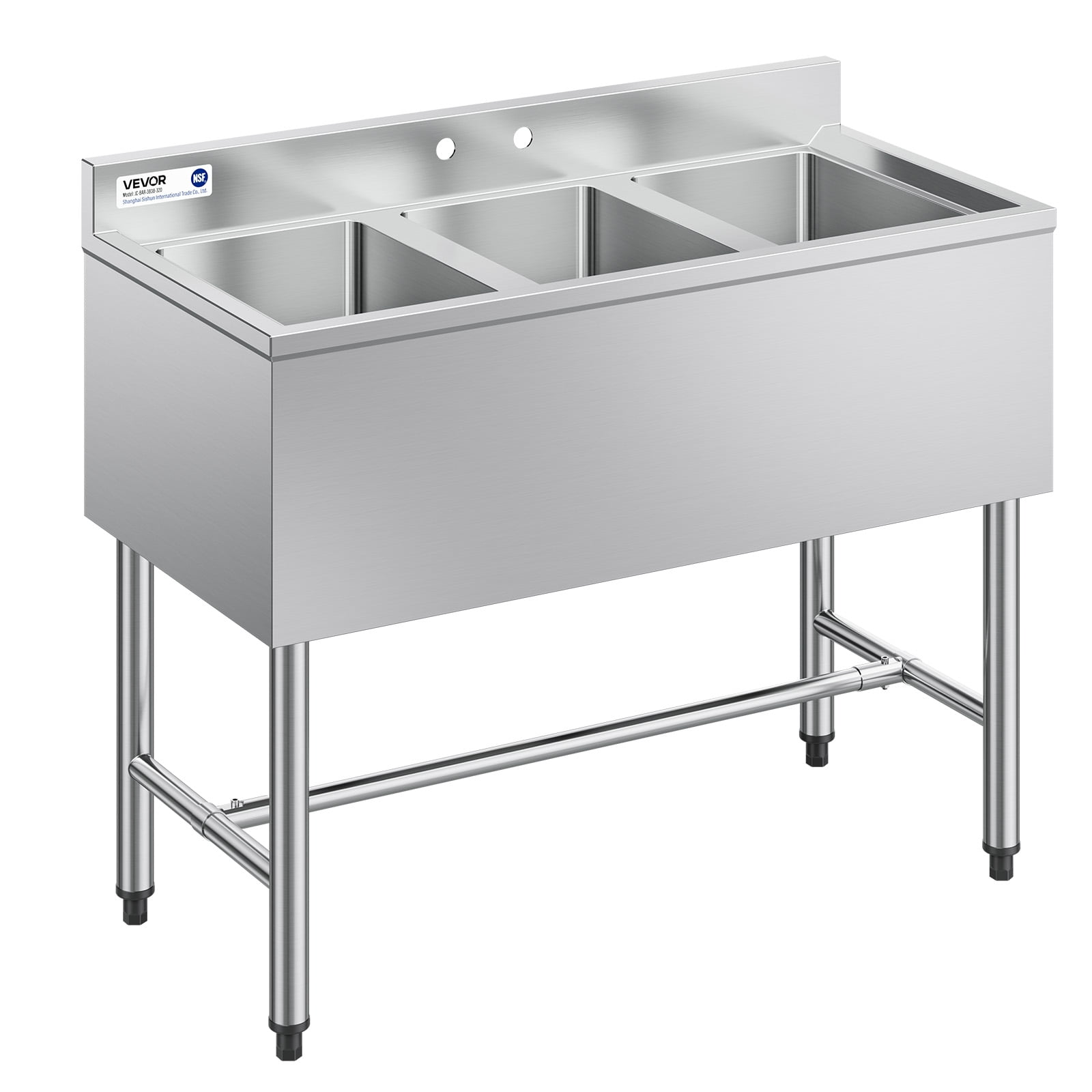 VEVOR 3 Compartment Sink, 18-Gauge 304 Stainless Steel, 10" x 14" x 10" Bowl Size, 3 Bay Commercial Under Bar Sink with Backsplash and Efficient Drainage for Kitchen,Restaurant, Food Truck & Home Use