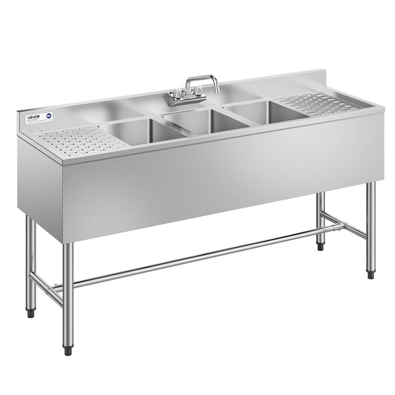 VEVOR 3 Compartment Sink, 18-Gauge 304 Stainless Steel, 10" x 14" x 10" Bowl Size, 3 Bay Commercial Under Bar Sink with Double Drainboard and Backsplash for Kitchen, Restaurant, Food Truck & Home Use