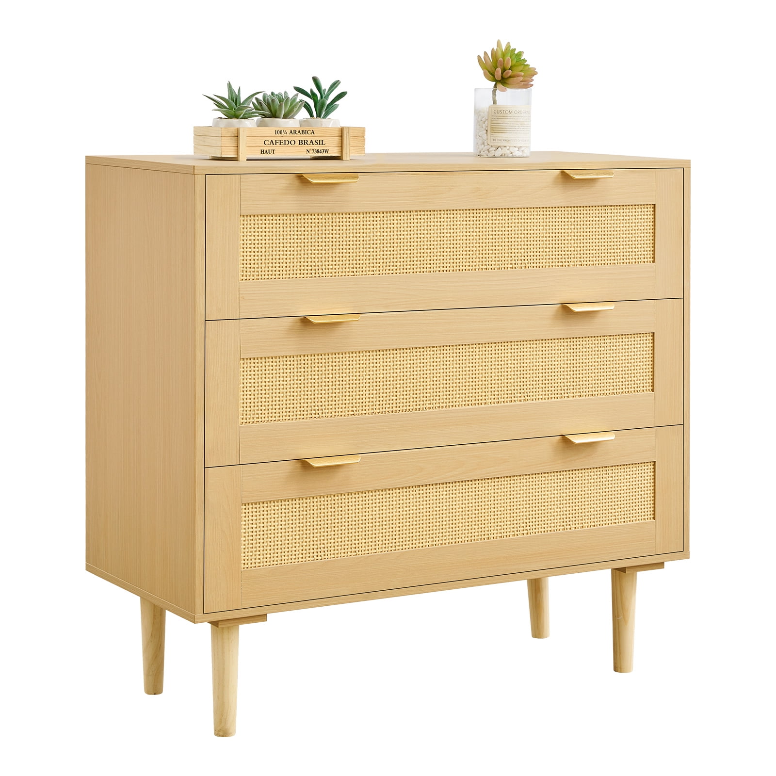 VEVOR 3 Drawer Rattan Dresser, Modern Closet Dresser for Bedroom, Natural Rattan Chest of Drawers with Metal Handles & Wooden Legs, Chest Clothing Organizer & Storage for Bedroom, Living Room