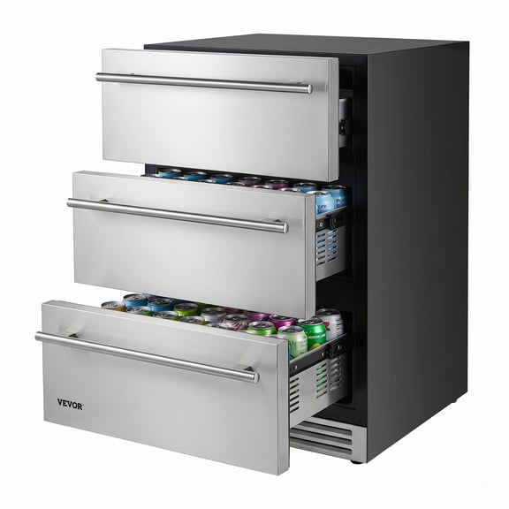 VEVOR 3-Drawer Refrigerator, 24 in Undercounter Beverage Cooler, Large Capacity Drink Fridge, 3 Separate Storage Zones, 304 Stainless Steel Drawers, Fast Cooling, for Kitchen, Game Room & Home Bar