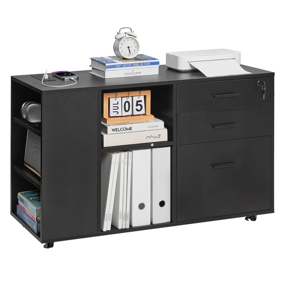 VEVOR 3 Drawer Wooden File Cabinet,Mobile Filing Cabinet with Power Strip, Lockable Rolling File Storage with Adjustable Shelves & 5 Wheels,Floor Standing Printer Stand for Home Office School, Black