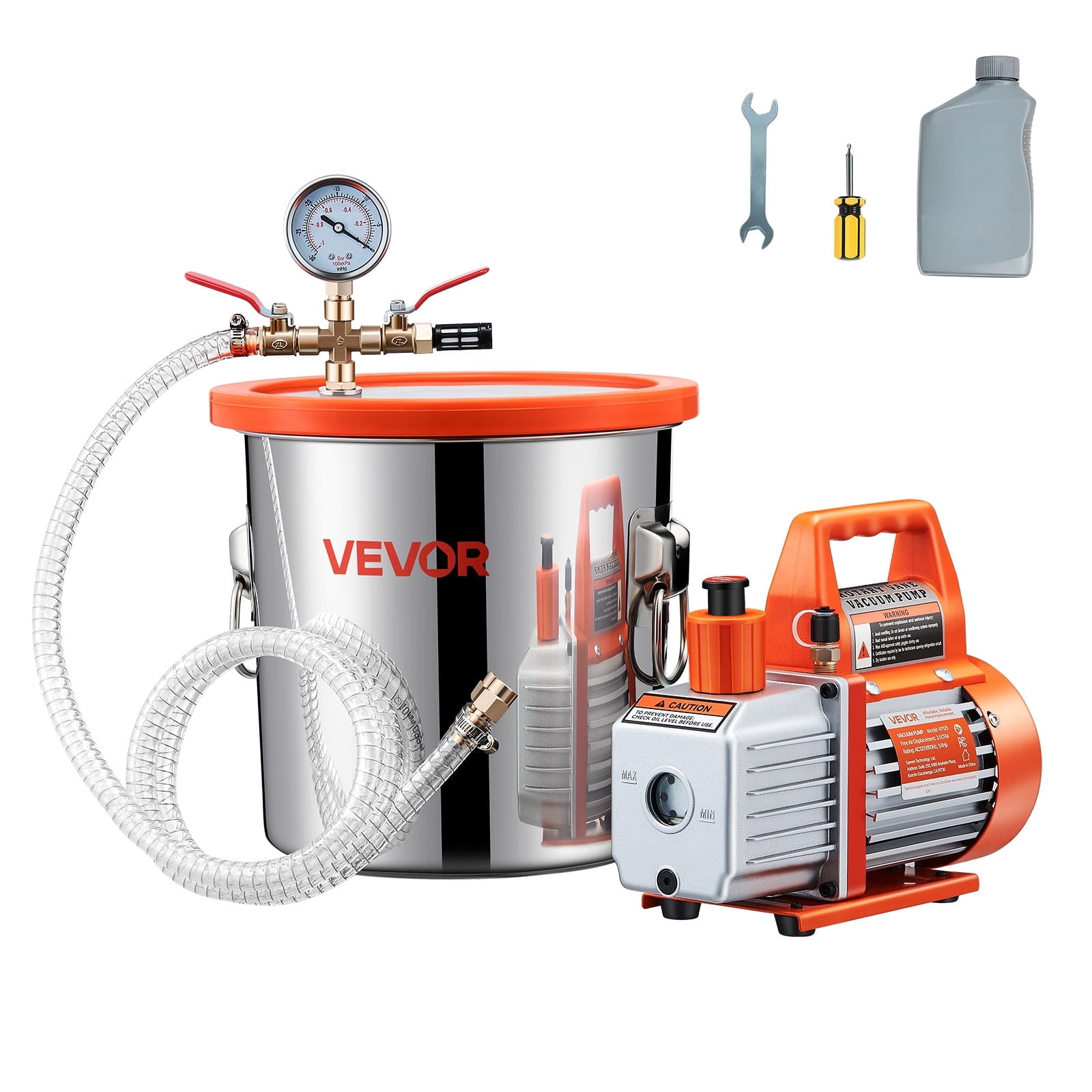 VEVOR 3 Gal Vacuum Chamber with Pump, 3.5 CFM, Stainless Steel Degassing Chamber Kit, Single Stage Vacuum Pump, Tempered Glass Lid, 4.92 ft Hose, Oil, for Stabilizing Wood Degassing Silicone Resin