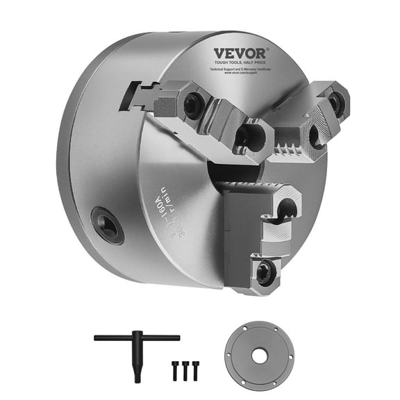 VEVOR 3-Jaw Lathe Chuck,6 Inch (160 mm), Self-Centering Chuck with 1 1/2 in-8 Threaded Backing Plate, 0.12-5.71 in (3-145 mm) Clamping Range with T-wrench Screws, HT300 Material, for Wood Metal Lathe