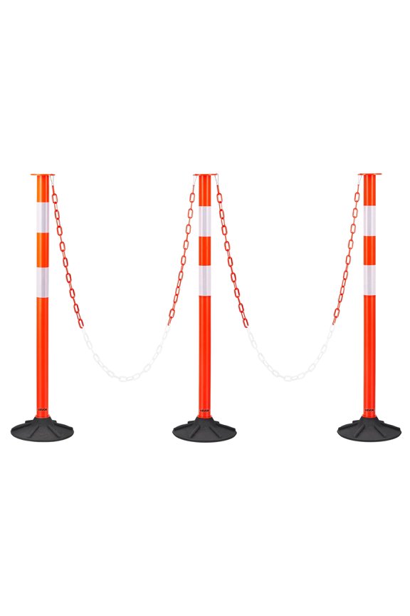 3 Pack Traffic Delineator Posts, 34 in Traffic Safety Cones with Weighted Base, Reflective Strips and Chain, Heavy Duty Delineator Posts for Construction Site, Parking Lot, Crowd Control, Red