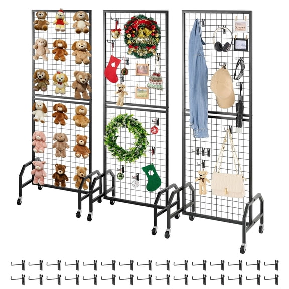 VEVOR 3 Packs Grid Wall Panels, 1.9 x 5.4 ft Wire Grid Panels Display Rack, Movable Art Display Shelf with Wheels and 30 Hooks, Black Carbon Steel Gridwall for Craft Show, Decor, Storage, Notice Boar