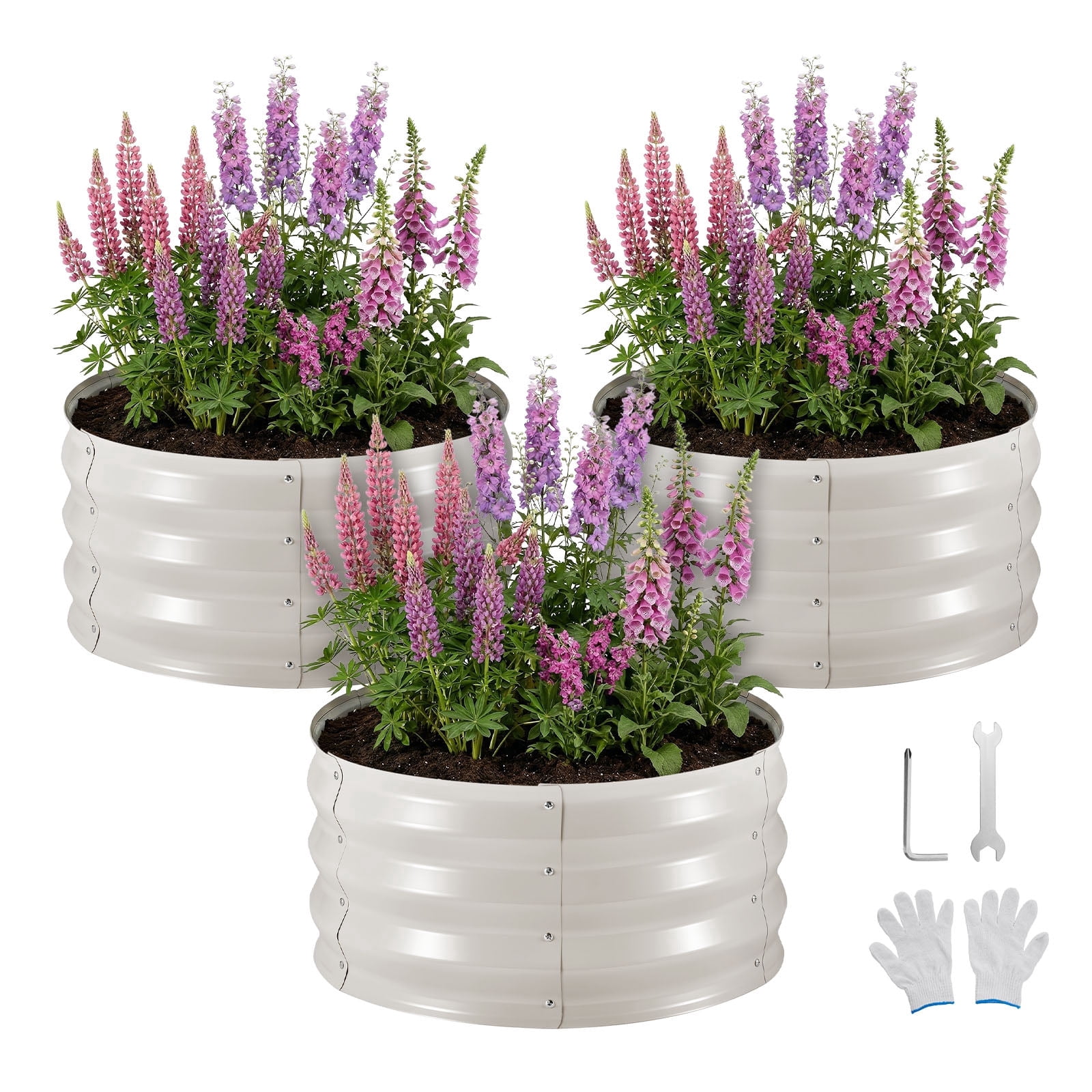 VEVOR 3 Pcs Galvanized Raised Garden Beds, 2 x 2 x 1 ft, Round Metal Planter Boxes Kit Outdoor, Bottomless Elevated Garden Boxes with Gloves, Alu-Zinc, for Planting Flowers Vegetables Herbs, Beige