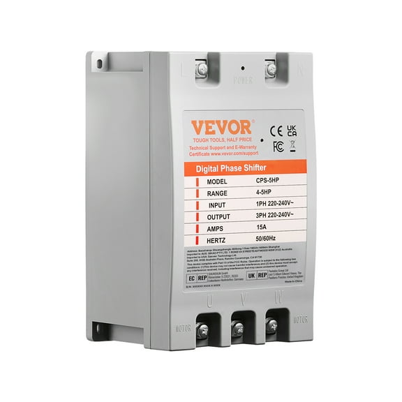 VEVOR 3 Phase Converter - 5HP 15A 220V Single Phase to 3 Phase Converter, Digital Phase Shifter for Residential and Light Commercial Use, 220V-240V Input/Output (One Converter for One Motor Only)