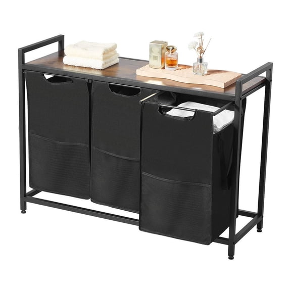 3 Section Laundry Sorter, Large Laundry Hamper with Metal Frame and Wooden Tabletop, Freestanding Storage Organizer Baskets with Pull-Out 600D Oxford Cloth Bags for Dirty Clothes, Bathroom