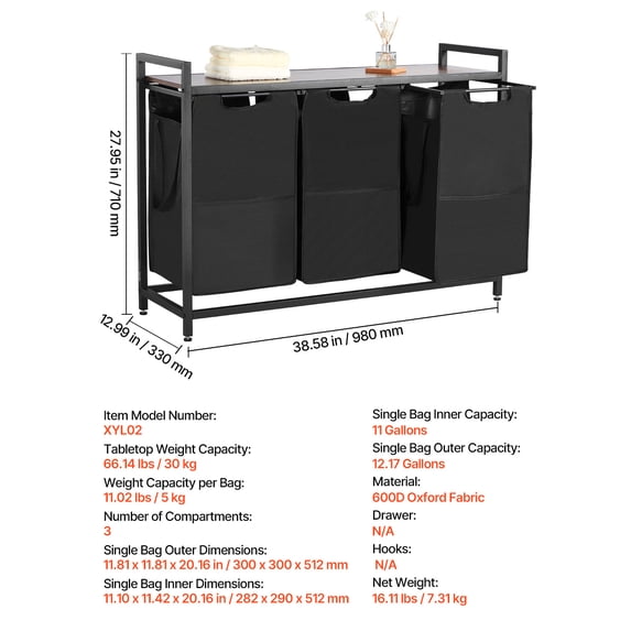 VEVOR 3 Section Laundry Sorter, Large Laundry Hamper with Metal Frame and Wooden Tabletop, Freestanding Storage Organizer Baskets with Pull-Out 600D Oxford Cloth Bags for Dirty Clothes, Bathroom
