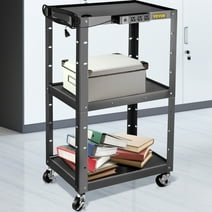 VEVOR 3-Shelf Steel AV Cart, Media Cart with Electric Power Cord, 24 x 32" Presentation Cart with 4 Universal Wheels Suitable for Home,Office and School