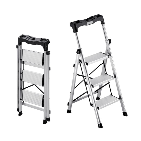 VEVOR 3 Step Ladder, Folding Step Stool with Wide Anti-Slip Pedal and Comfort Handgrip, 330 lbs Capacity Portable Aluminum Stepladder, Multi-Use for Kitchen, Warehouse, Household and Office, Silver