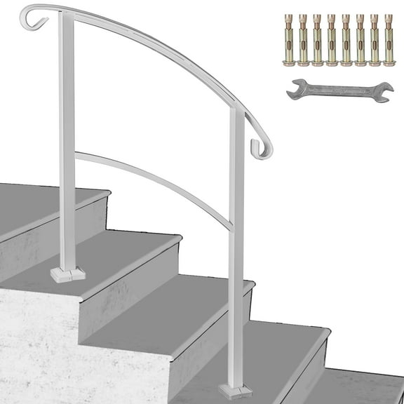 VEVOR 3-Step Transitional Handrail Fits 1 or 3 Steps Matte White Stair Rail Wrought Iron Handrail with Installation Kit Hand Rails for Outdoor Step