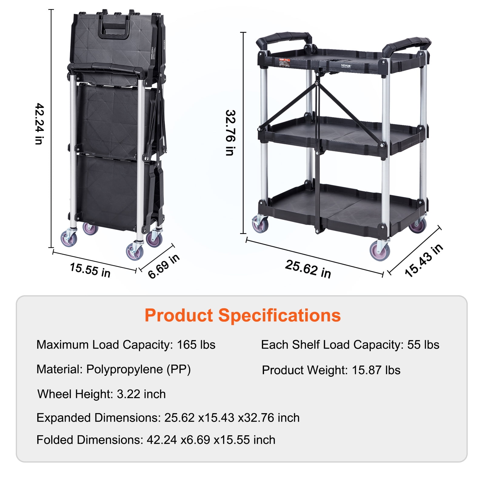 VEVOR 3 Tier Folding Rolling Utility Cart Storage Shelf Movable Gap ...