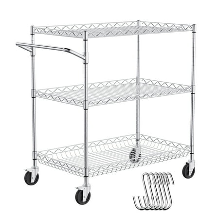 VEVOR 3-Tier Utility Cart Rolling Cart on Wheels 30"x18"x32.4" 661 lbs 6 Hooks