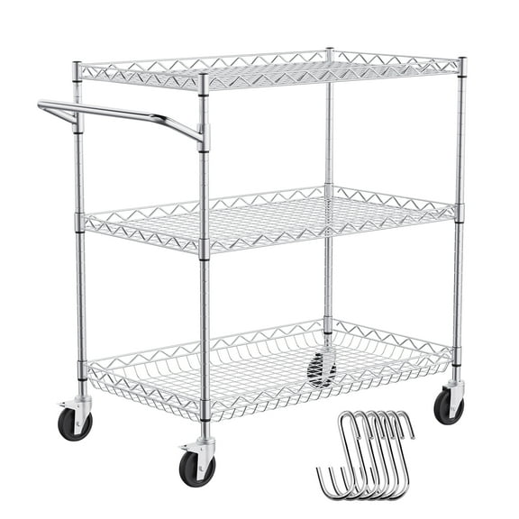 VEVOR 3-Tier Utility Cart Rolling Cart on Wheels 30"x18"x32.4" 661 lbs 6 Hooks