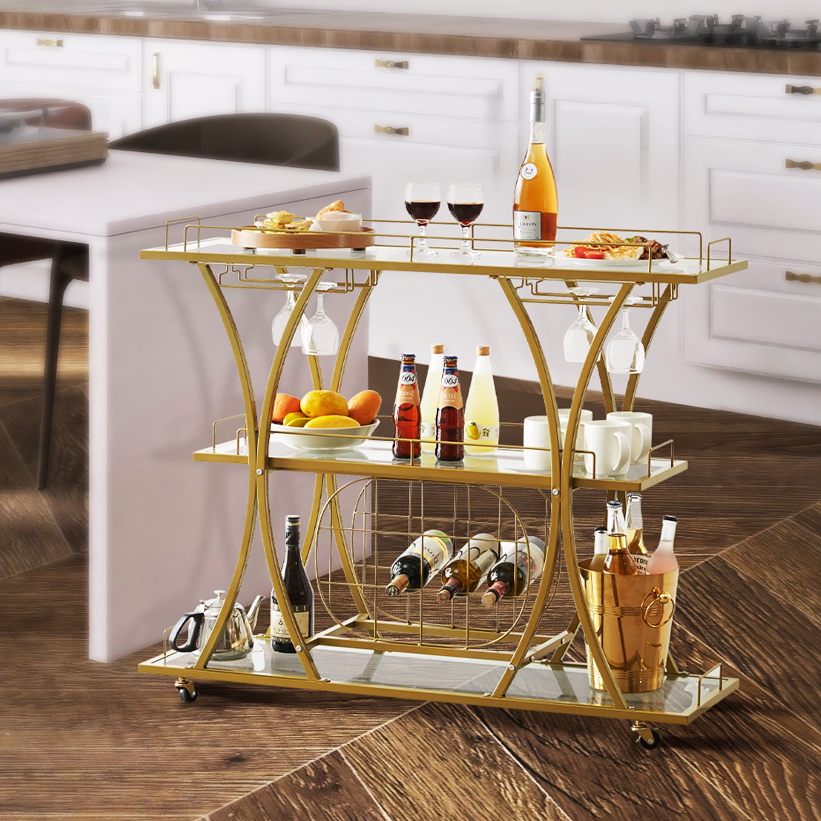 VEVOR 3 Tiers Gold Metal Bar Serving Cart with Wine Rack Glass Holder ...
