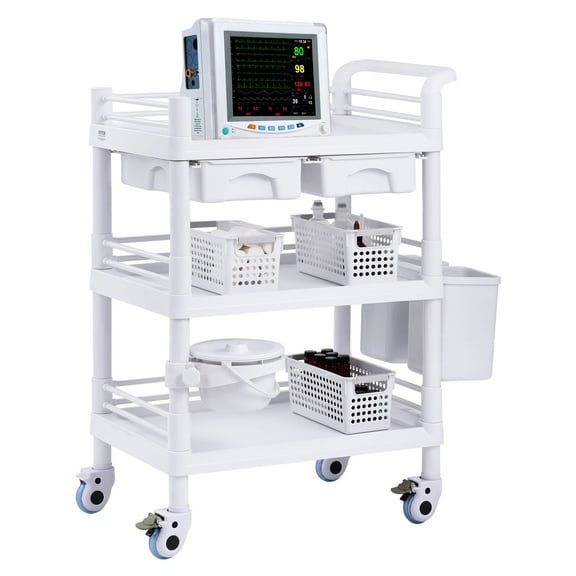 VEVOR 3 Tiers Lab Carts, Lab Utility Cart with 3 Trays & 4 Silent Wheels, Mobile Medical Cart with PP Material, Lab Rolling Cart with 3 Trash Cans for Lab, Clinic, Hospital, Salon, White