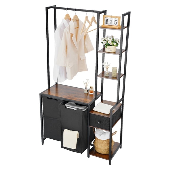 VEVOR 3 Tiers Laundry Sorter with Rack, Tall Laundry Hamper with Shelves and Drawers, 2 Section Freestanding Hanging Rack Storage with 600D Oxford Cloth Bags and Ladder Shelves for Dirty Clo