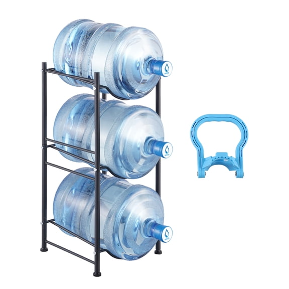 VEVOR 3 Tiers Water Jug Holder, 5 Gallon Water Bottle Holder, Single Row Water Bottle Rack for 3 Bottles, Heavy Duty Water Jug Rack for Kitchen, Office, Living Room, Black