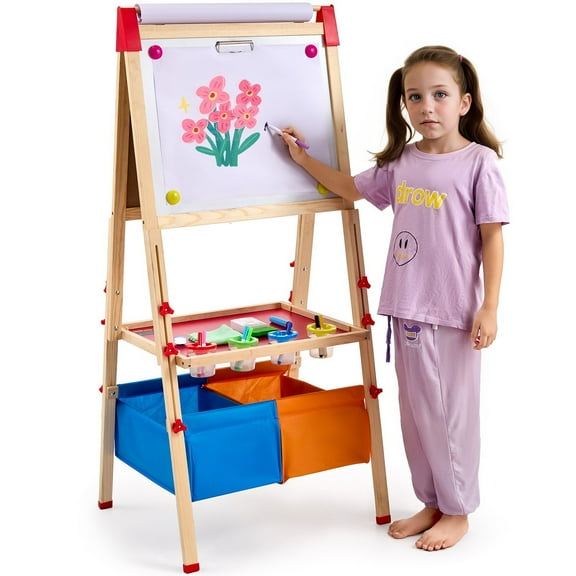 VEVOR 3-in-1 Kids Art Easel Double-Sided Wooden Magnetic Whiteboard Chalkboard