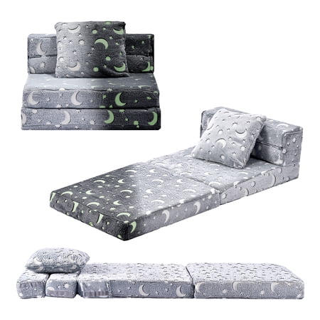 VEVOR 3-in-1 Kids Sofa, Foldable Toddler Soft Couch, Glow in the Dark Kids Couch Fold Out with 28D Sponge & Flannel Fabric, Convertible Toddler Chair to Lounger for Reading, Playing, Gaming, M, Gray