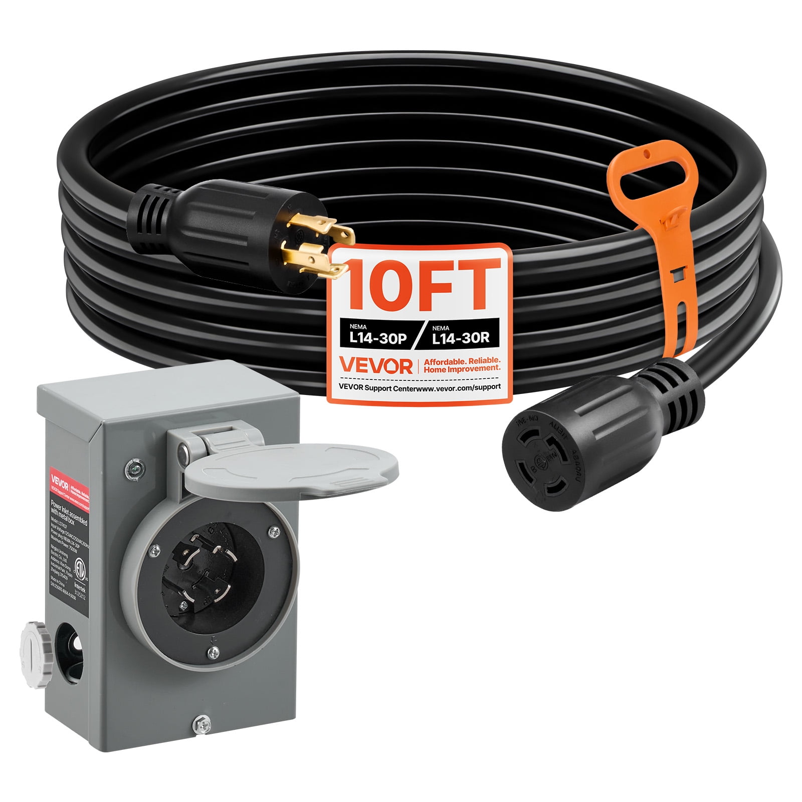 VEVOR 30 Amp Generator Cord and Power Inlet Box, 10 FT,125/250V NEMA L14-30P to L14-30R Heavy Duty Extension Power Cord, SJTW 10 Gauge 7500W, Pre-Drilled Inlet Box, for Generator to House, ETL Listed