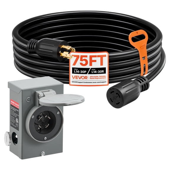 VEVOR 30 Amp Generator Cord and Power Inlet Box,75 FT, 125/250V NEMA L14-30P to L14-30R Heavy Duty Extension Power Cord, SJTW 10 Gauge 7500W, Pre-Drilled Inlet Box, for Generator to House, ETL Listed