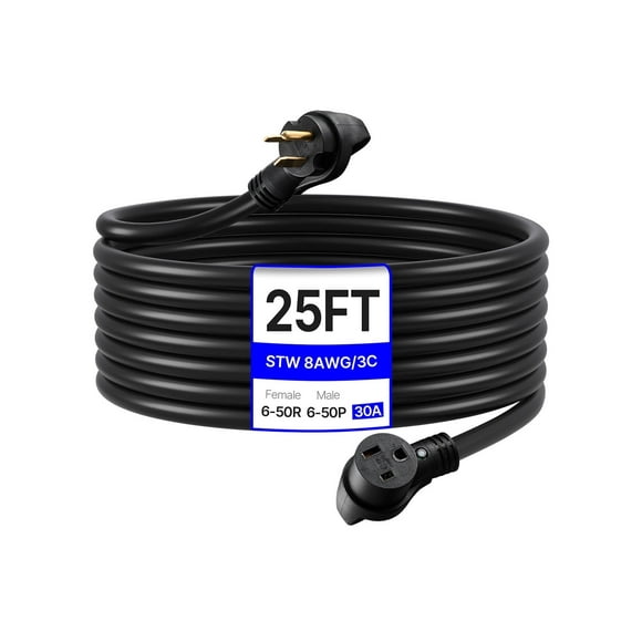 VEVOR 30A 25Ft Generator Extension Cord 250V/7500W Heavy Duty Power Cable, NEMA 6-50R NEMA 6-50P SWT 8AWG Flexible Welder Extension Cord, for Generators, ETL Listed