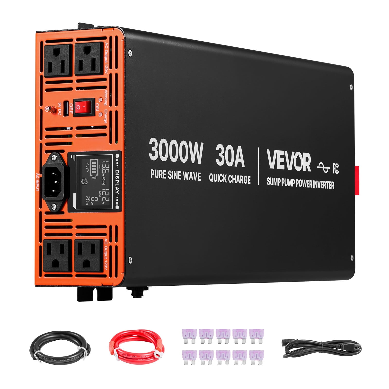 VEVOR 3000W Sump Pump Battery Backup System, LCD Display, Auto Switches to Battery Inverter Power for Sump Pump, Pure Sine Wave, for Basement Protection Emergency and Power Outage,Battery Not Include