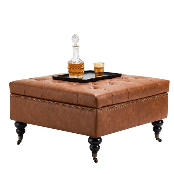 VEVOR 31 in Square Leather Ottoman with Storage, Upholstered Tufted Button Coffee Table Ottoman with Castered Rolling Wheels, PU Leather High-Density Sponge for Living Room, Dorm, Bedroom, Brown