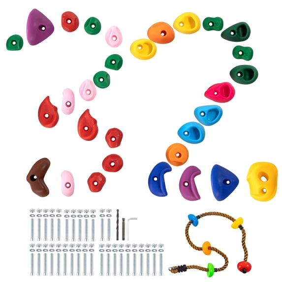 VEVOR 32 Rock Climbing Holds, Multi-Size and Colored Climbing Rocks for Kids and Adults, Rock Wall Holds with Colored Climbing Rope and Mounting Hardware, Climbing Wall Grips for Indoor and Outdoor