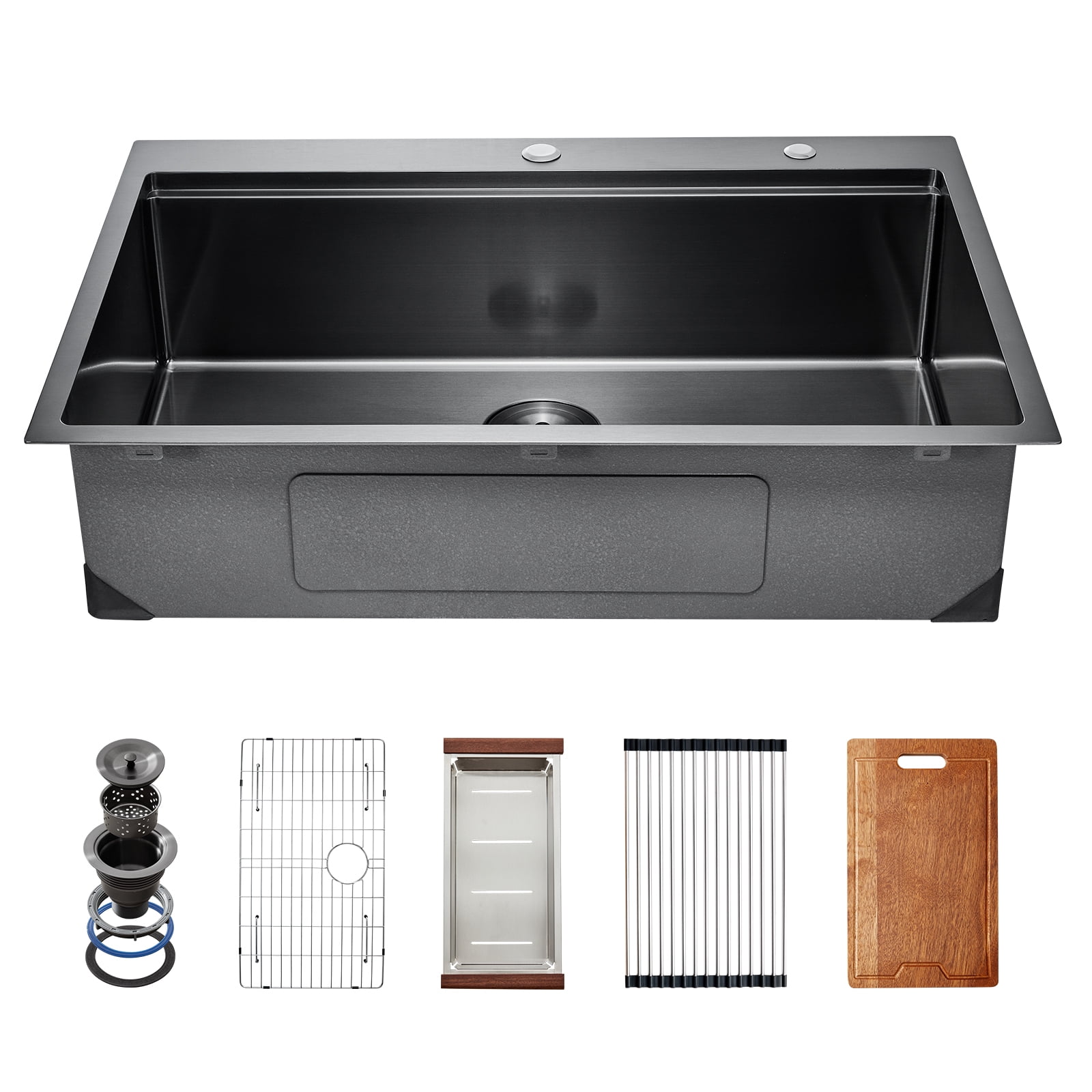 VEVOR 33 inch Kitchen Sink Workstation, 304 Stainless Steel Top Mount Sinks, Drop-In Single Bowl Farmhouse Basin with Ledge & Multiple Accessories, Household Dishwasher Sink for RV, Bar (Black)