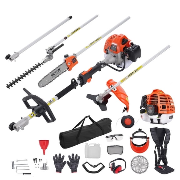 VEVOR 33CC 6-in-1 Multi-Functional Trimming Tools, Gas Hedge Trimmer, Weed Eater, String Trimmer, Brush Cutter, Edger, Pole Saw Chainsaw Pruner with Extension Pole