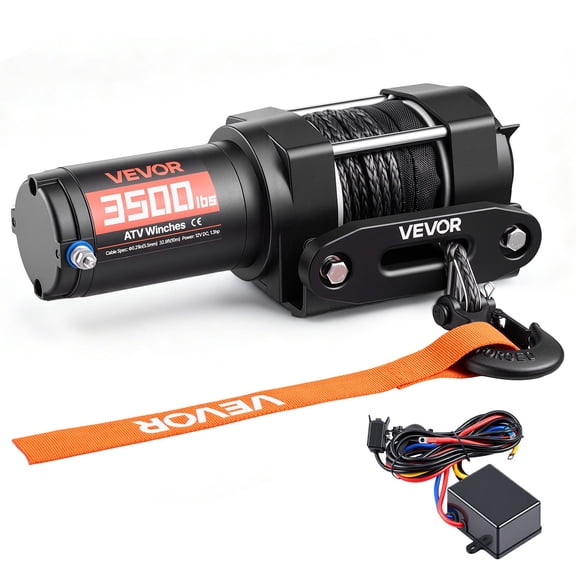 VEVOR 3500 lbs Electric Winch, 12V DC ATV/UTV Winch with 0.21 in x 32.8 ft Synthetic Rope & Wired Remote Control, IP55 Waterproof, Aluminum Housing Fairlead Mount Plate for Towing ATV, Black