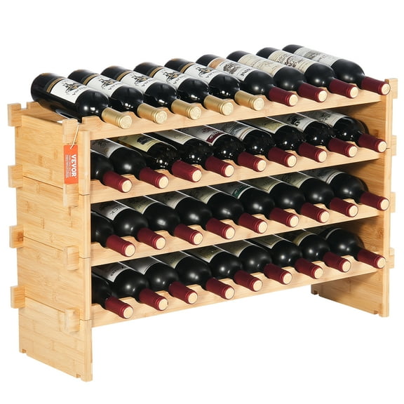 VEVOR 36 Bottle Stackable Modular Wine Rack, 4-Tier Solid Bamboo Wood Storage Racks, Floor Freestanding Wines Holder Display Shelf, Wobble-Free Shelves for Kitchen, Bar,and Cellar (Natural Color)