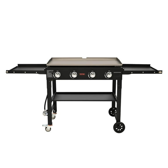 VEVOR 36" Commercial Griddle on Cart,Heavy Duty Flat Top Grill with 4 Burners,60,000 BTU LPG Gas Griddle,Portable Outdoor Cooking Station with Side Shelves,Black Steel Restaurant-Grade Griddle