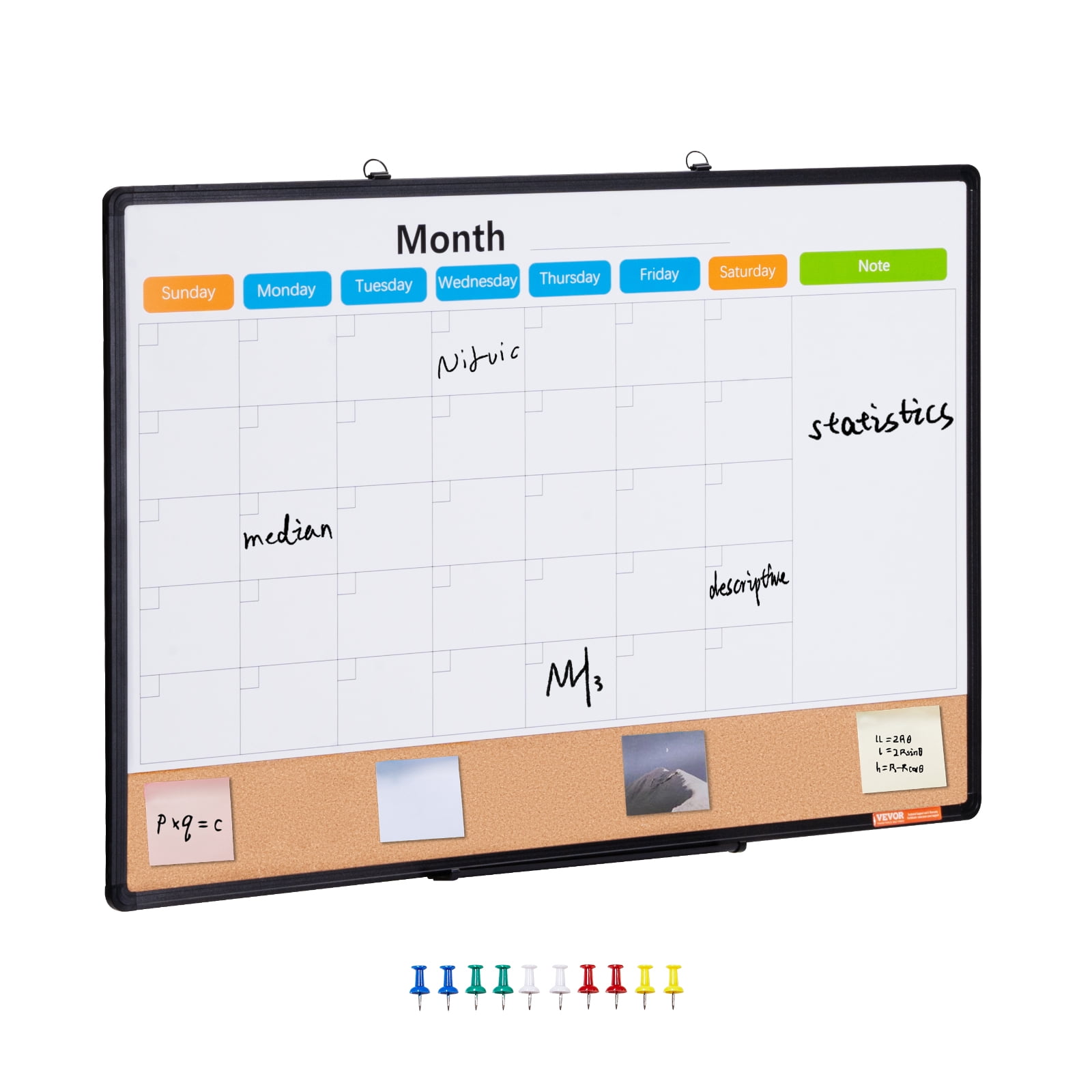 VEVOR 36"x 24" Monthly Calendar Whiteboard & Cork Board Combo with Aluminum Frame – 2-in-1 Magnetic Dry Erase Bulletin Board for Wall Mount – Ideal for School, Home, Office