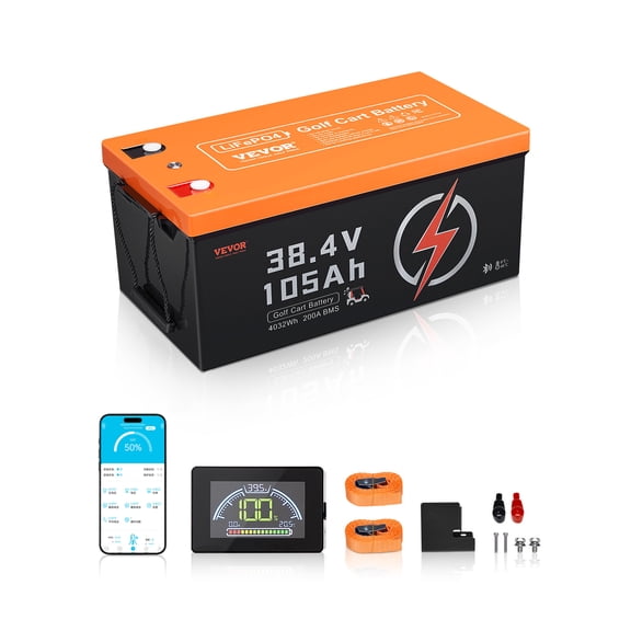 VEVOR 36V 105Ah Golf Cart Lithium Battery, 36 Volt Golf Cart Battery with 200A BMS, LCD Monitor and Mobile APP, LiFePO4 Battery with 600A Peak Current, ABS Shell and 4000+ Cycles, for Golf Carts