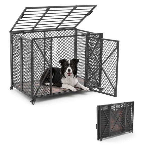VEVOR 38 Inch Heavy Duty Dog Crate, Max Load 250 lbs, Foldable Indestructible Escape-Proof Dog Kennel Indoor for High Anxiety Small & Medium Breeds, Steel Pet Cage with Double Doors & Lockable Wheels