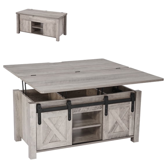 VEVOR 39.4 in Farmhouse Lift Top Coffee Table, Rustic Center Table with Barn Door and Hidden Storage Compartment, Modern Rectangle Lifting Tabletop for Living Room, Office, Home, Easy Assembly, Oak
