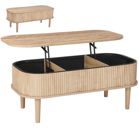 VEVOR 39.4 in Lift Top Coffee Table,Fluted Oval Coffee Table with 3 Hidden Compartment, Mid Century Wooden Oval Center Desk with Storage, Lift Up Tabletop for Home & Office, Easy Assembly, Burlywood