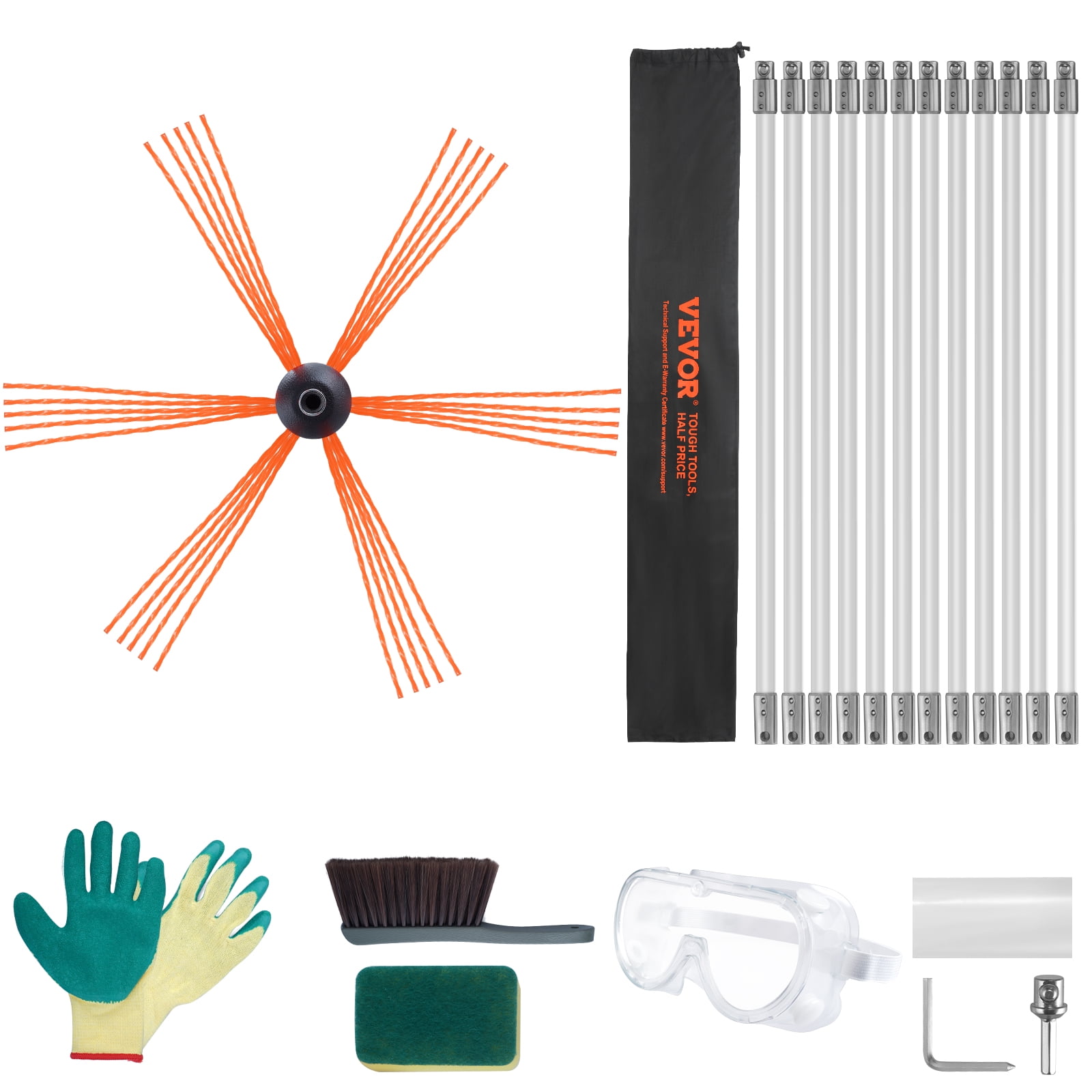 VEVOR 39 Feet Chimney Sweep Kit, w/ 12 Reinforced Nylon Flexible Rods, Ergonomic Chimney Cleaning Brush, 360-Degree Brush Chimney Cleaner,Rich Accessories for Fireplace Flue Home Use Fits most Pipes